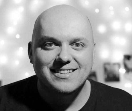 Will's beautiful face and bald head in a classy black and white photo